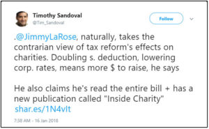 Timothy Sandoval Chronicle of Philanthropy Dismisses Jimmy LaRose's Optimism on Tax Reform.