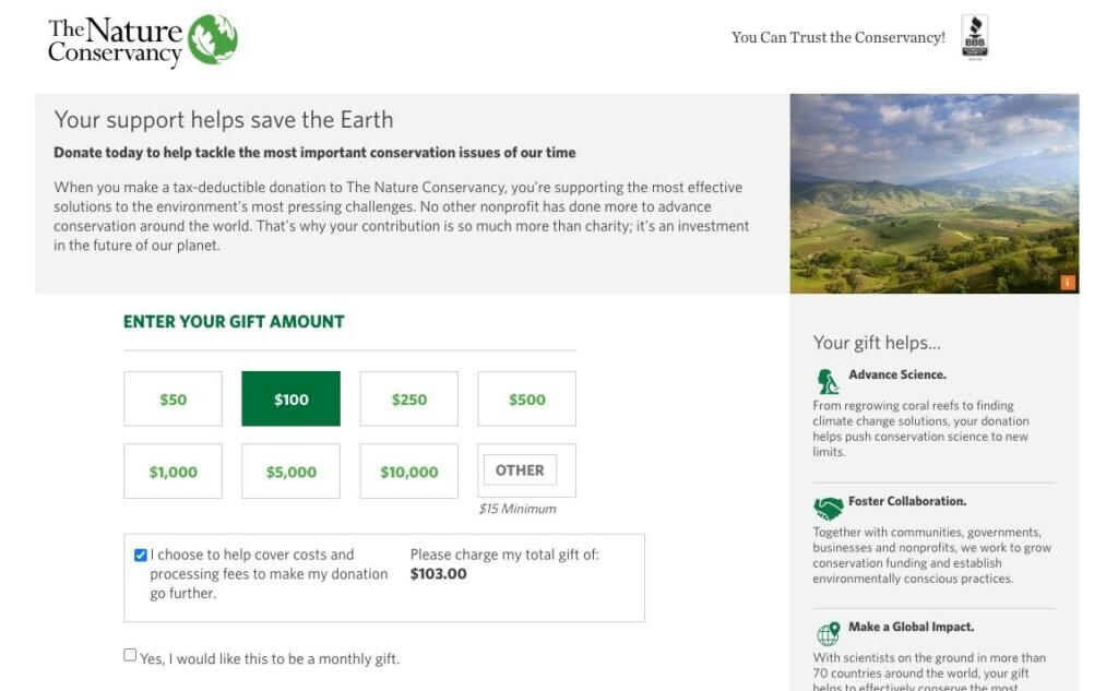The Nature Conservancy donation page