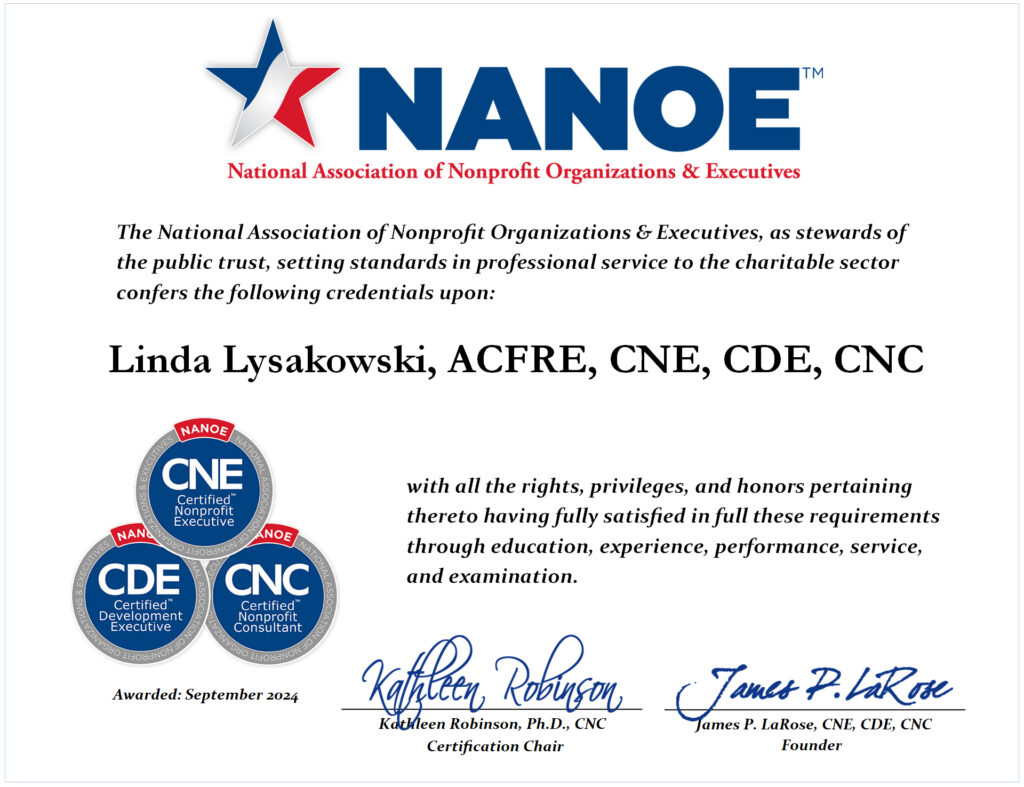 Certified Nonprofit Consultant CNC Linda Lysakowski Certificate 08032024